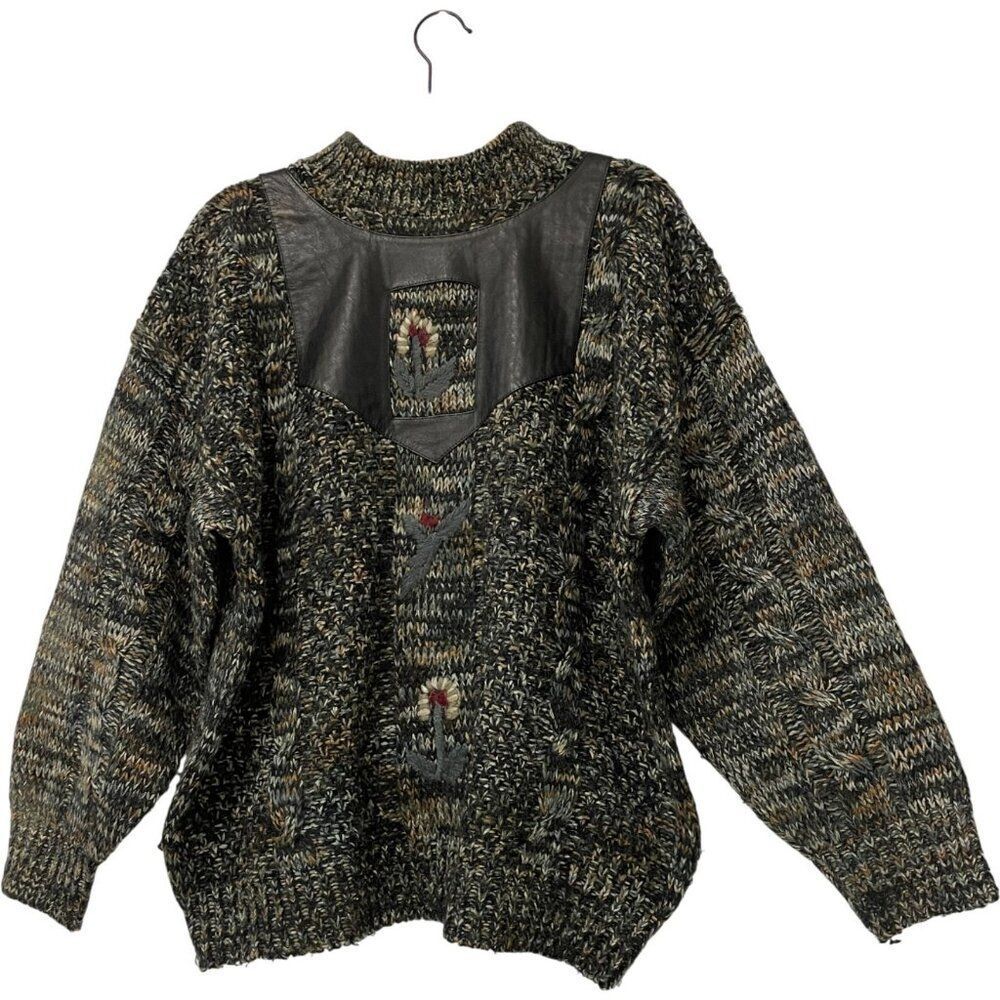 Vintage Mark Elliot Sweater Mens Large Gray Leather Trim Chunky Knit 80s Korea